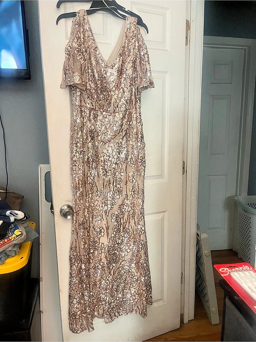 Alex Evenings Sequin Floral Cold Shoulder Long Gown Pink & Gold Size 12